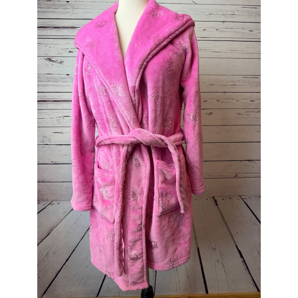 Juicy Couture Robe Pink Hooded Plush Fleece Small Medium Y2K Script NWOT 90s